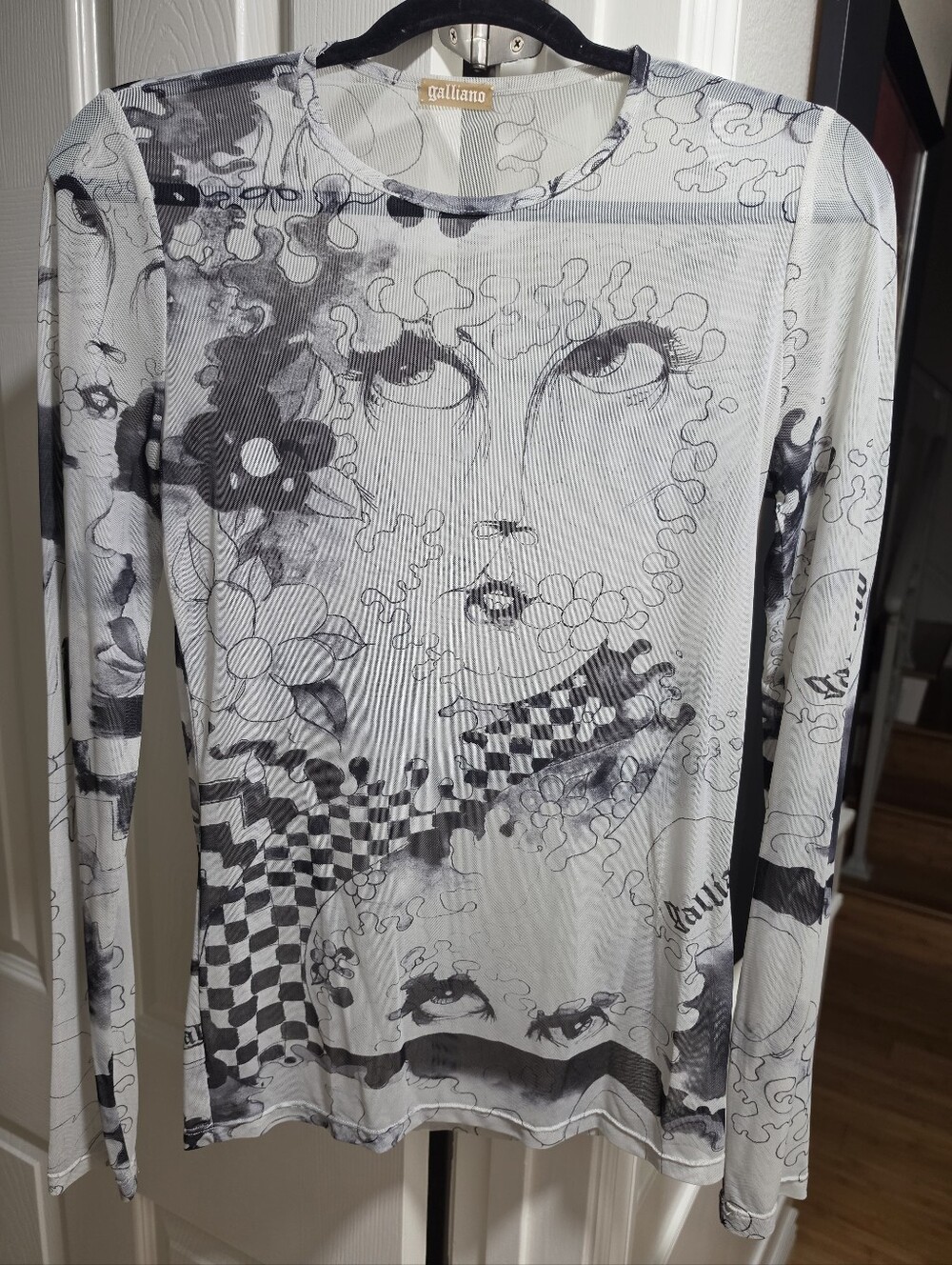 John Galliano Y2K Women's Black & White Graphic Long-Sleeve Top